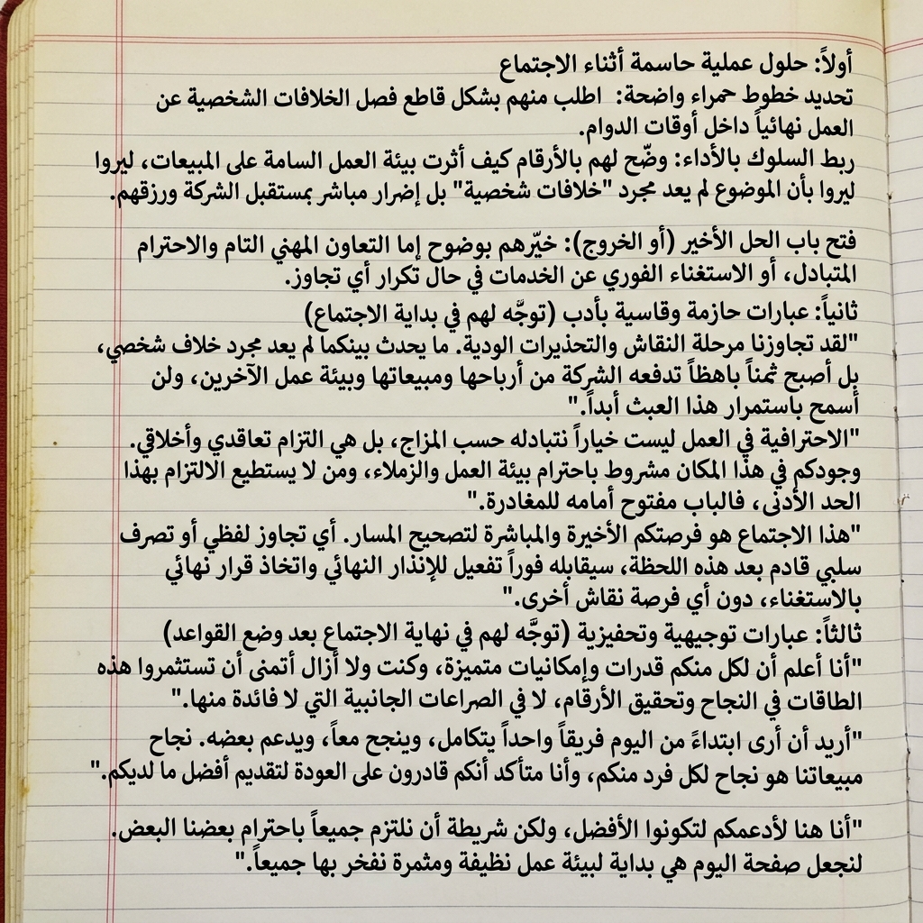 /hanwritten

أولاً: حلول عملية حاسمة أثناء الاجتماع
تحديد خطوط حمراء واضحة: اطلب منهم بشكل قاطع فصل الخلافات الشخصية عن العمل نهائياً داخل أوقات الدوام.

ربط السلوك بالأداء: وضّح لهم بالأرقام كيف أثرت بيئة العمل السامة على المبيعات، ليروا بأن الموضوع لم يعد مجرد "خلافات شخصية" بل إضرار مباشر بمستقبل الشركة ورزقهم.

فتح باب الحل الأخير (أو الخروج): خيّرهم بوضوح إما التعاون المهني التام والاحترام المتبادل، أو الاستغناء الفوري عن الخدمات في حال تكرار أي تجاوز.

ثانياً: عبارات حازمة وقاسية بأدب (توجّه لهم في بداية الاجتماع)
"لقد تجاوزنا مرحلة النقاش والتحذيرات الودية. ما يحدث بينكما لم يعد مجرد خلاف شخصي، بل أصبح ثمناً باهظاً تدفعه الشركة من أرباحها ومبيعاتها وبيئة عمل الآخرين، ولن أسمح باستمرار هذا العبث أبداً."

"الاحترافية في العمل ليست خياراً نتبادله حسب المزاج، بل هي التزام تعاقدي وأخلاقي. وجودكم في هذا المكان مشروط باحترام بيئة العمل والزملاء، ومن لا يستطيع الالتزام بهذا الحد الأدنى، فالباب مفتوح أمامه للمغادرة."

"هذا الاجتماع هو فرصتكم الأخيرة والمباشرة لتصحيح المسار. أي تجاوز لفظي أو تصرف سلبي قادم بعد هذه اللحظة، سيقابله فوراً تفعيل للإنذار النهائي واتخاذ قرار نهائي بالاستغناء، دون أي فرصة نقاش أخرى."

ثالثاً: عبارات توجيهية وتحفيزية (توجّه لهم في نهاية الاجتماع بعد وضع القواعد)
"أنا أعلم أن لكل منكم قدرات وإمكانيات متميزة، وكنت ولا أزال أتمنى أن تستثمروا هذه الطاقات في النجاح وتحقيق الأرقام، لا في الصراعات الجانبية التي لا فائدة منها."

"أريد أن أرى ابتداءً من اليوم فريقاً واحداً يتكامل، وينجح معاً، ويدعم بعضه. نجاح مبيعاتنا هو نجاح لكل فرد منكم، وأنا متأكد أنكم قادرون على العودة لتقديم أفضل ما لديكم."

"أنا هنا لأدعمكم لتكونوا الأفضل، ولكن شريطة أن نلتزم جميعاً باحترام بعضنا البعض. لنجعل صفحة اليوم هي بداية لبيئة عمل نظيفة ومثمرة نفخر بها جميعا."