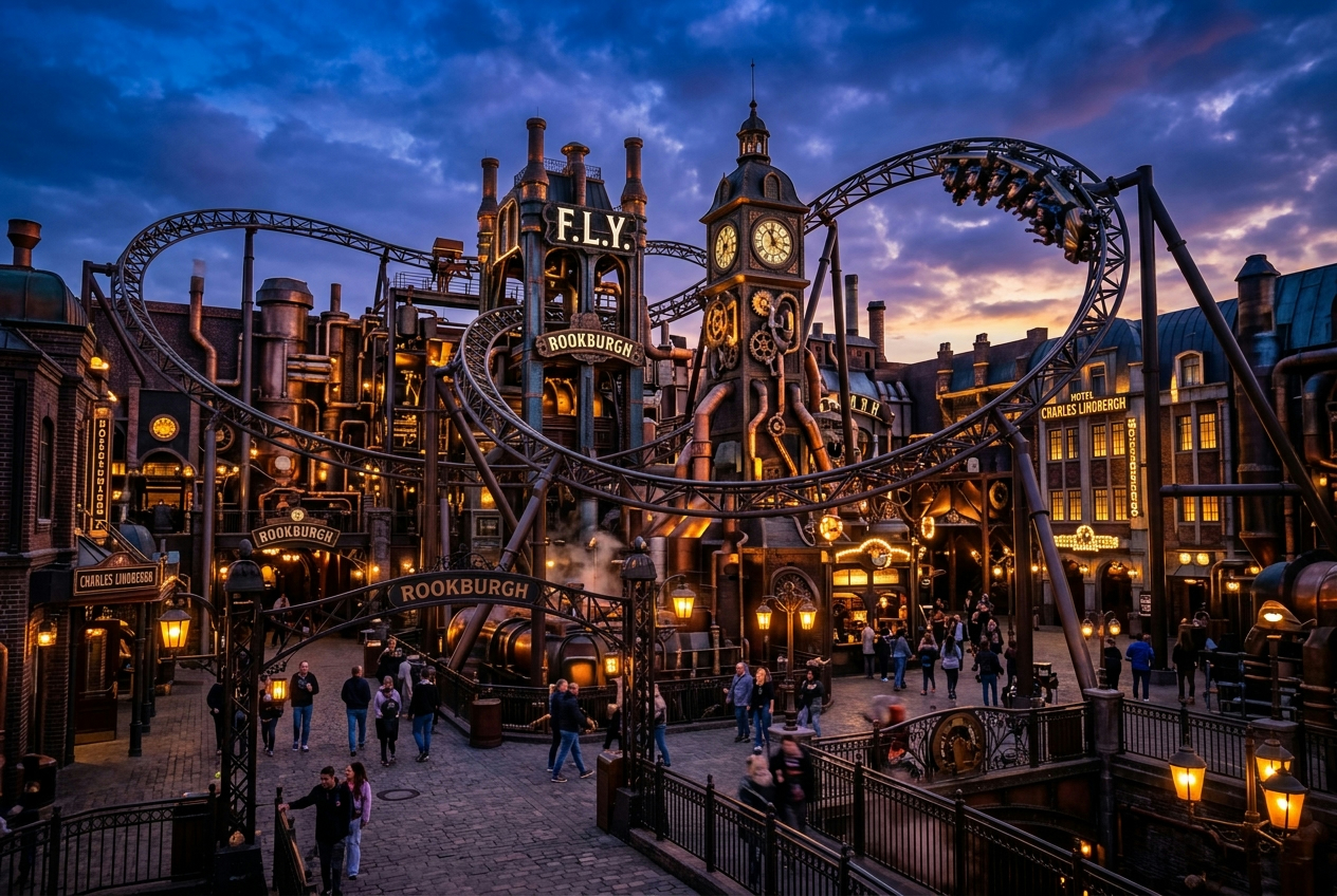 Phantasialand Rookburgh bei Nacht
