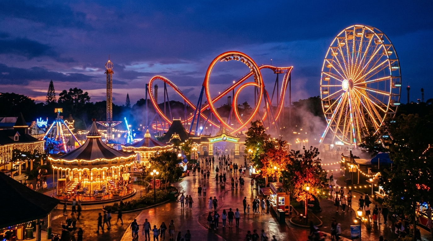 Beleuchteter Freizeitpark bei Dämmerung