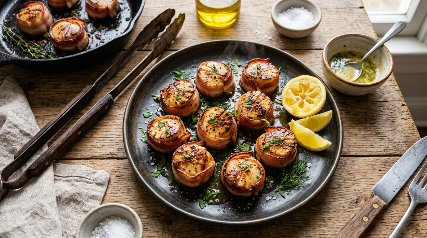 Grilled Scallops Recipe with Crispy Bacon on the BBQ
