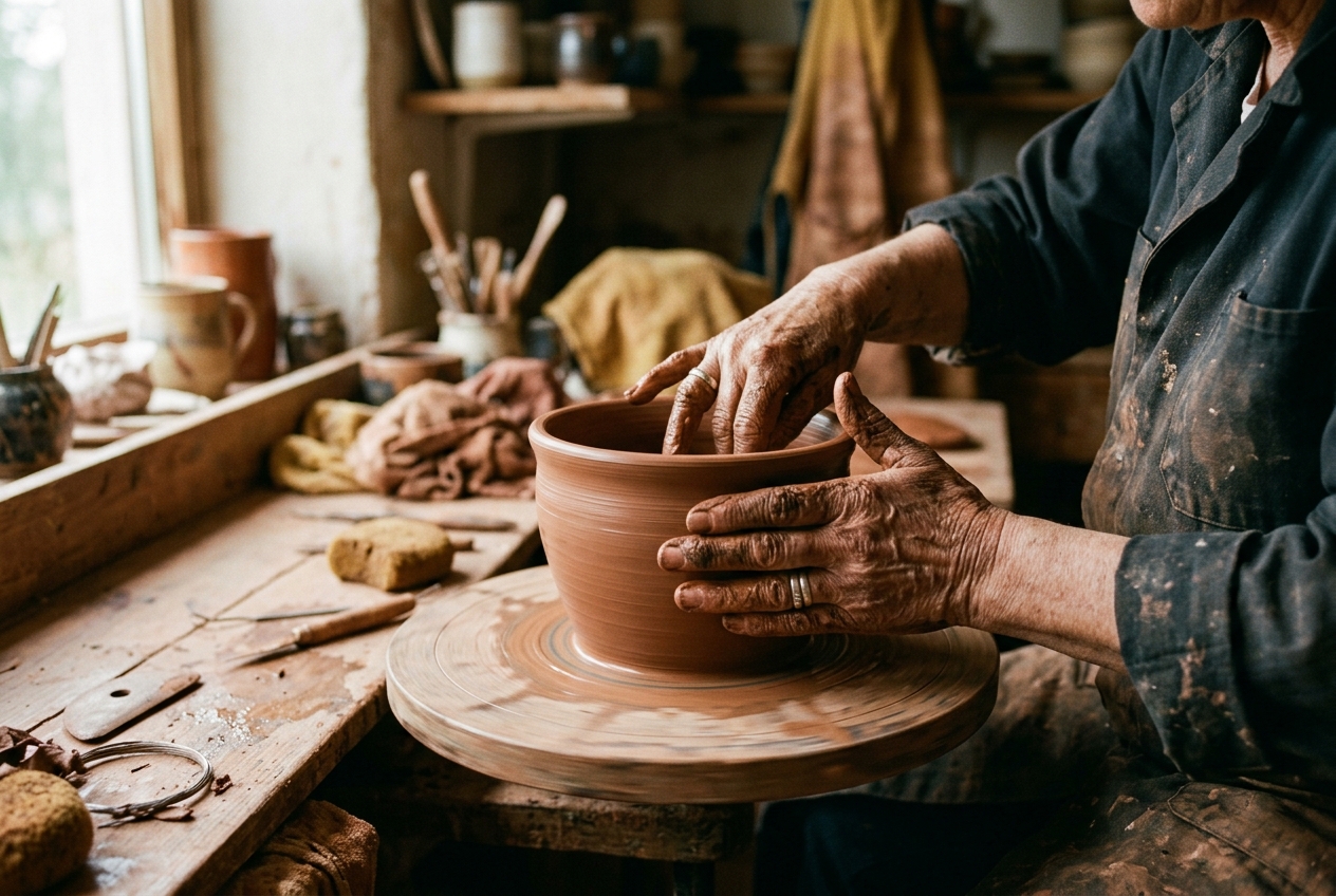 Hands shaping a clay vessel