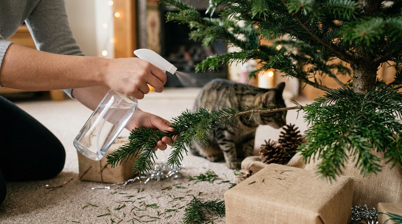What can I spray on my Christmas tree to prevent cats from chewing on