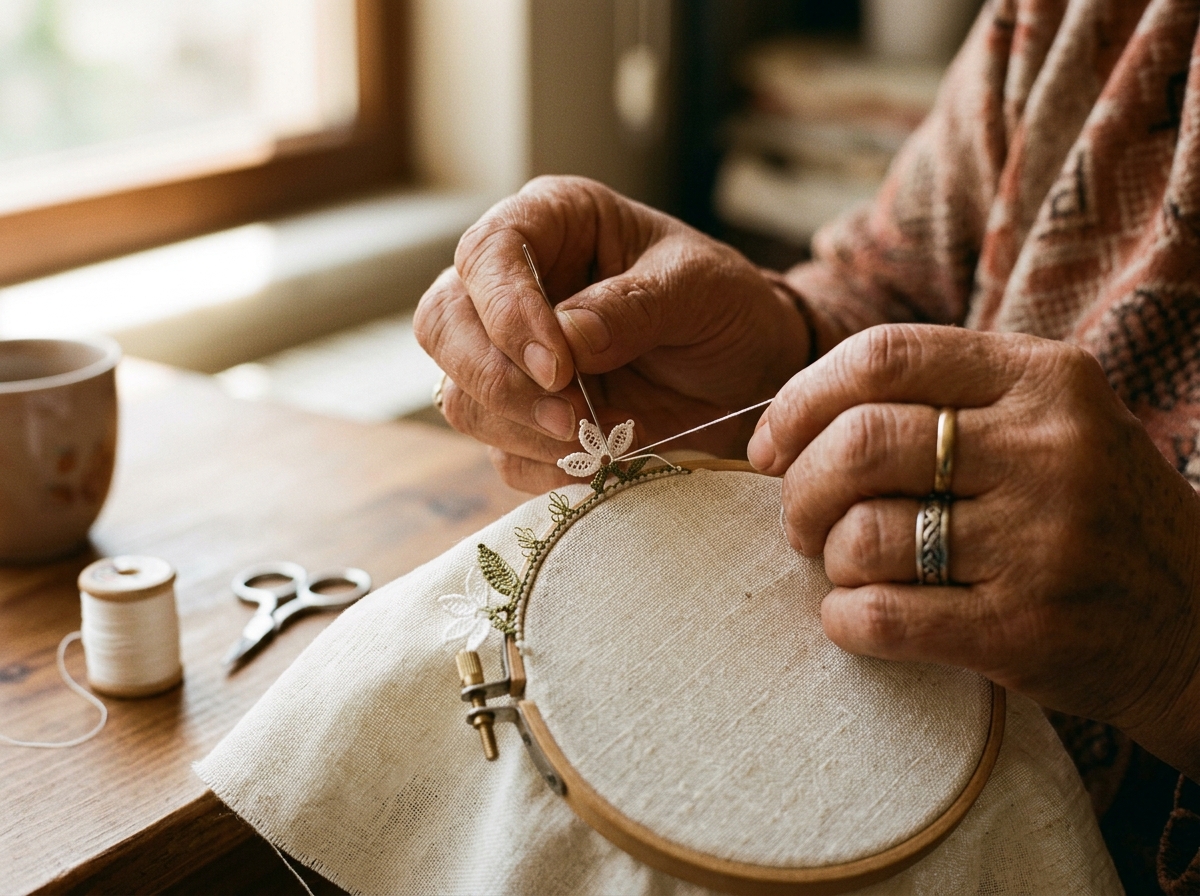 Funda crafting İğne Oyası Turkish needle lace at her workbench