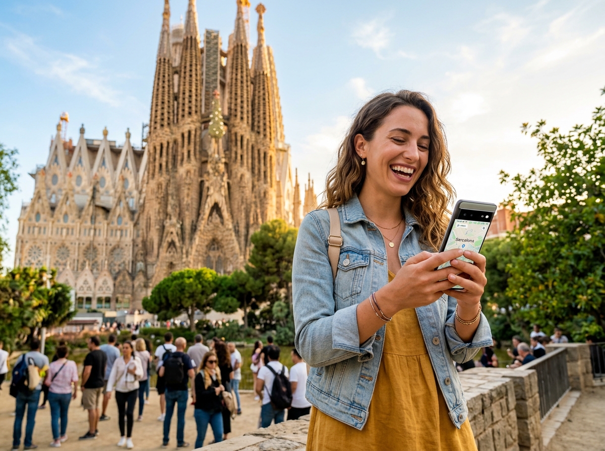 Turista usando smartphone con señal perfecta frente a la Sagrada Familia en Barcelona