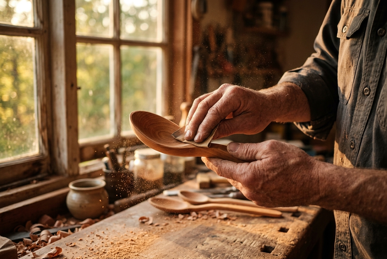 Sanding a wooden spoon by the window