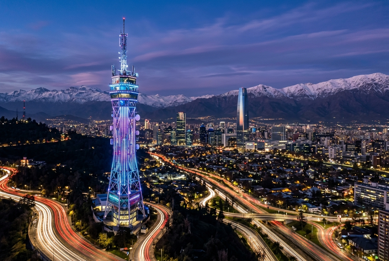 Torre 5G al atardecer en Santiago de Chile