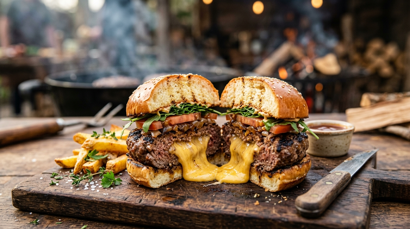 Stuffed Burger Recipe with Cheese Inside - Juicy BBQ plated