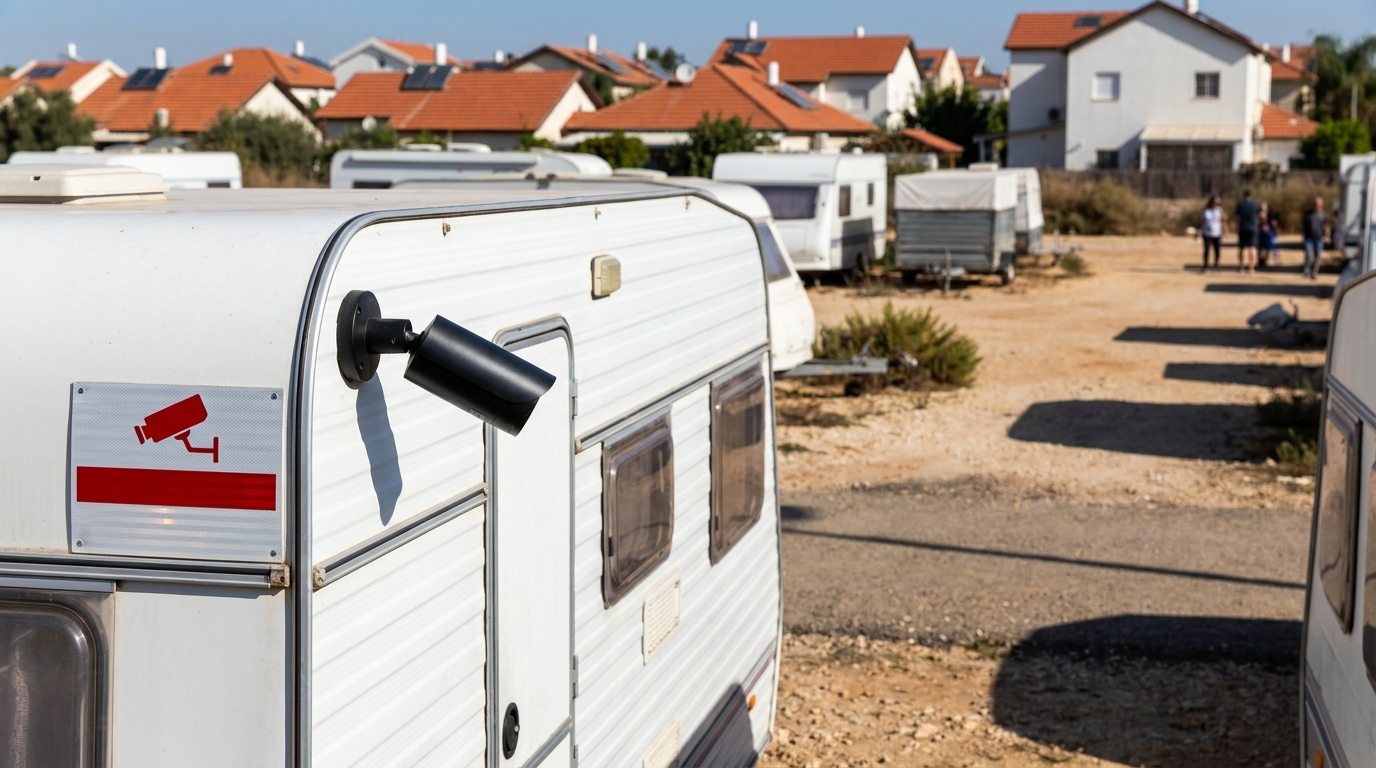 קרוואן בחניון פתוח עם מצלמה סולארית וסלולרית