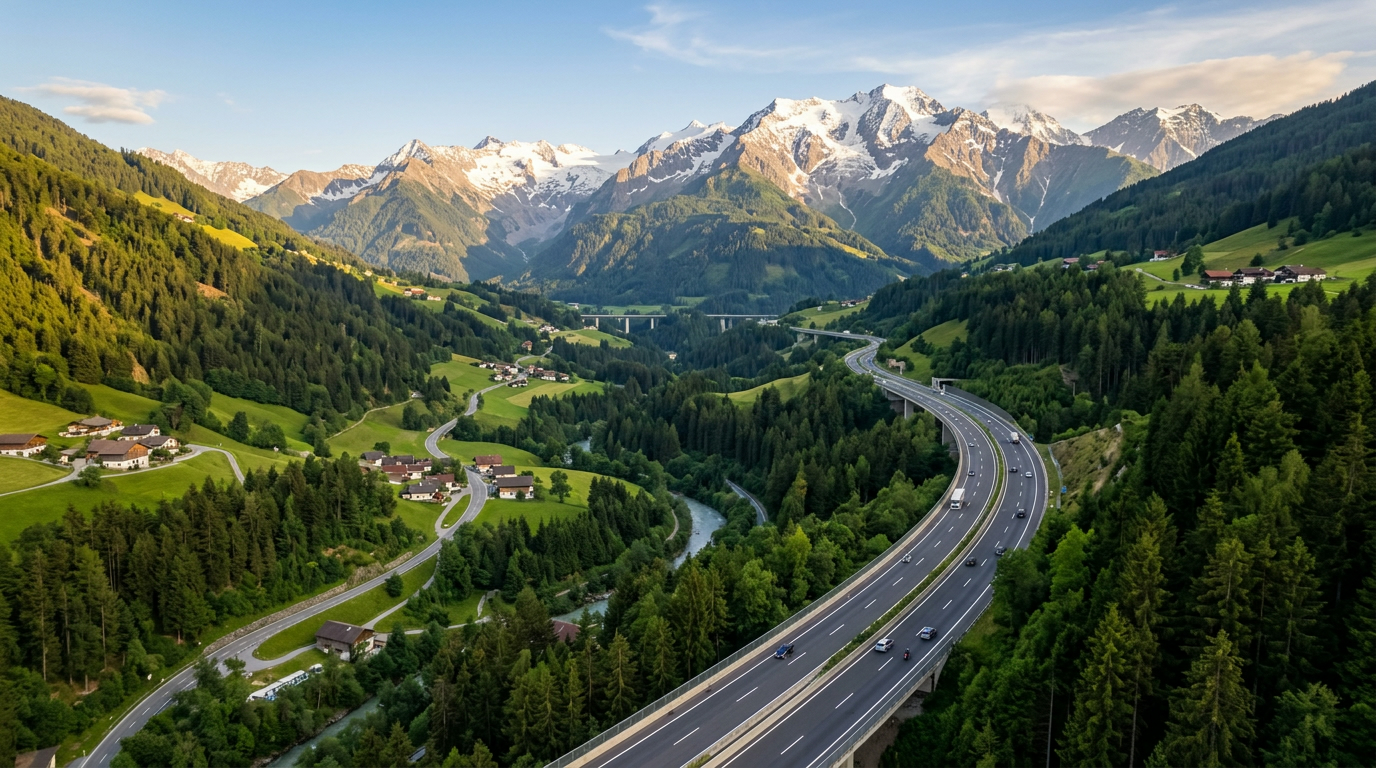 Autobahn mit alpinem Panorama