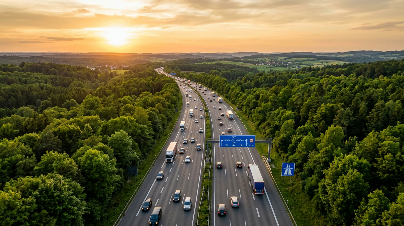 Autobahn in Deutschland bei Sonnenuntergang