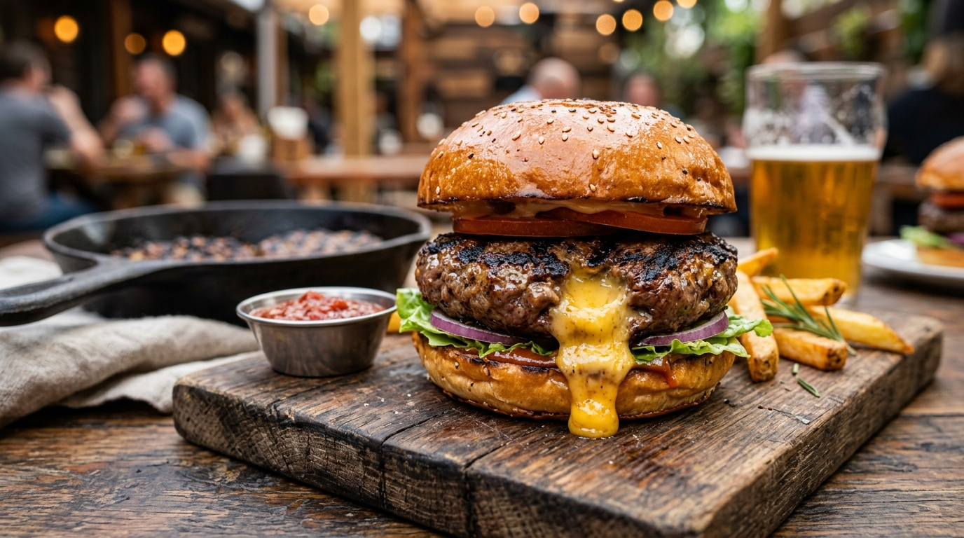 Stuffed Burger Recipe with Melted Cheese Inside plated