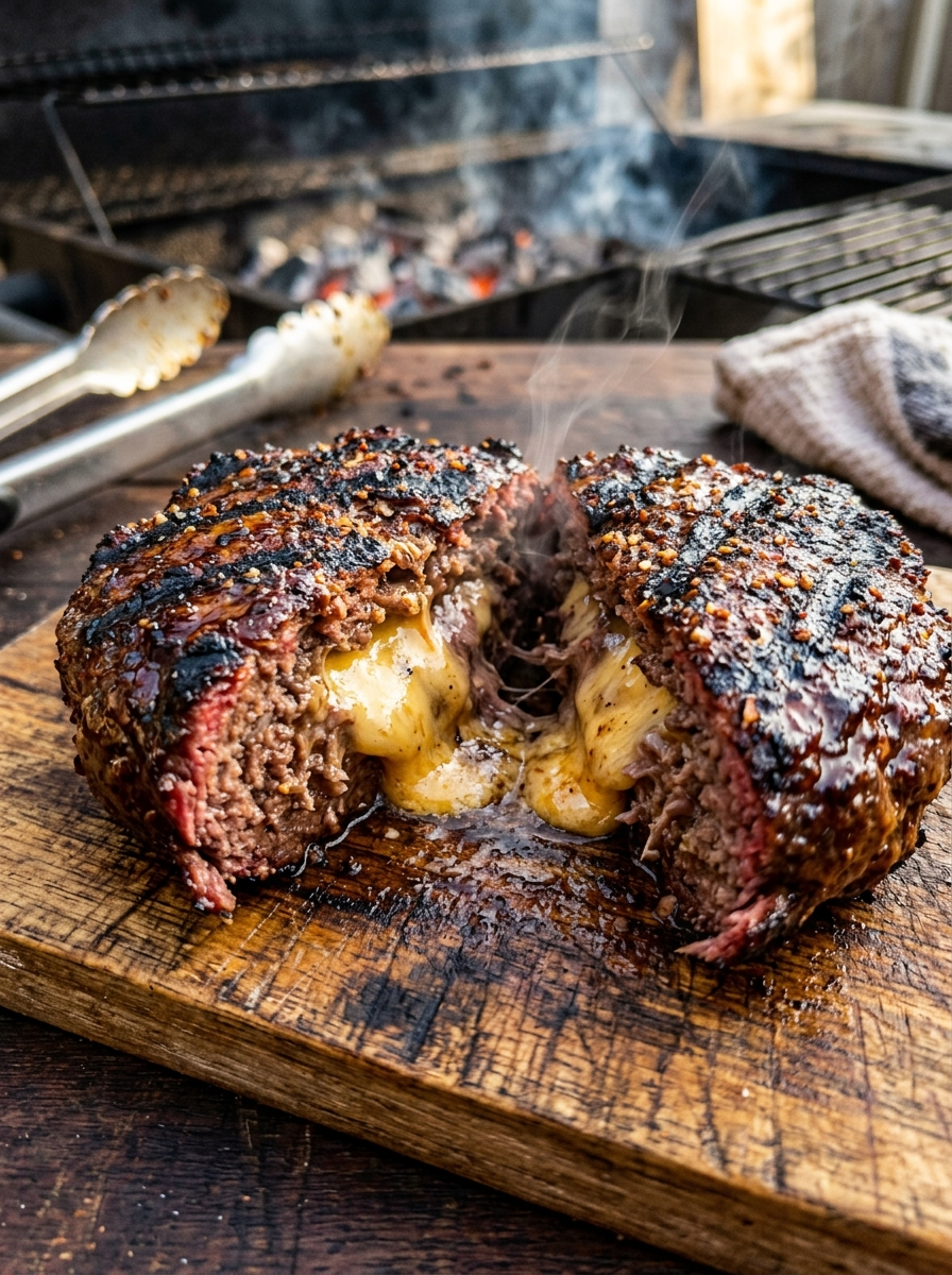 Stuffed Burger Recipe with Melted Cheese Inside closeup detail