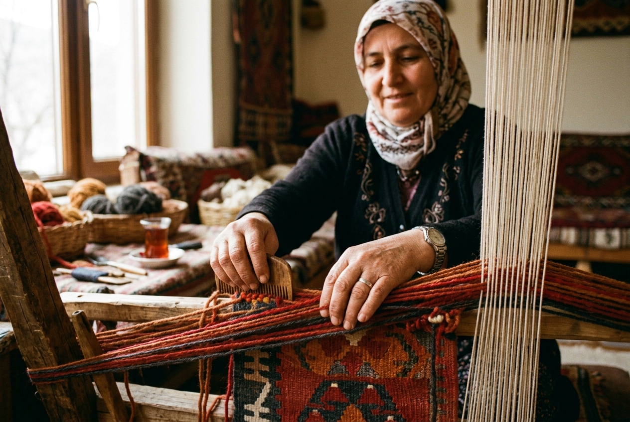Funda weaving a kilim on her loom at home in Karasu