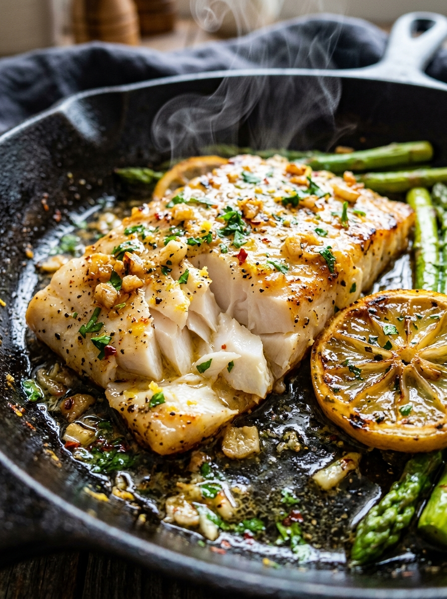 One Pan Lemon Garlic Cod Recipe (30 Minutes) closeup detail