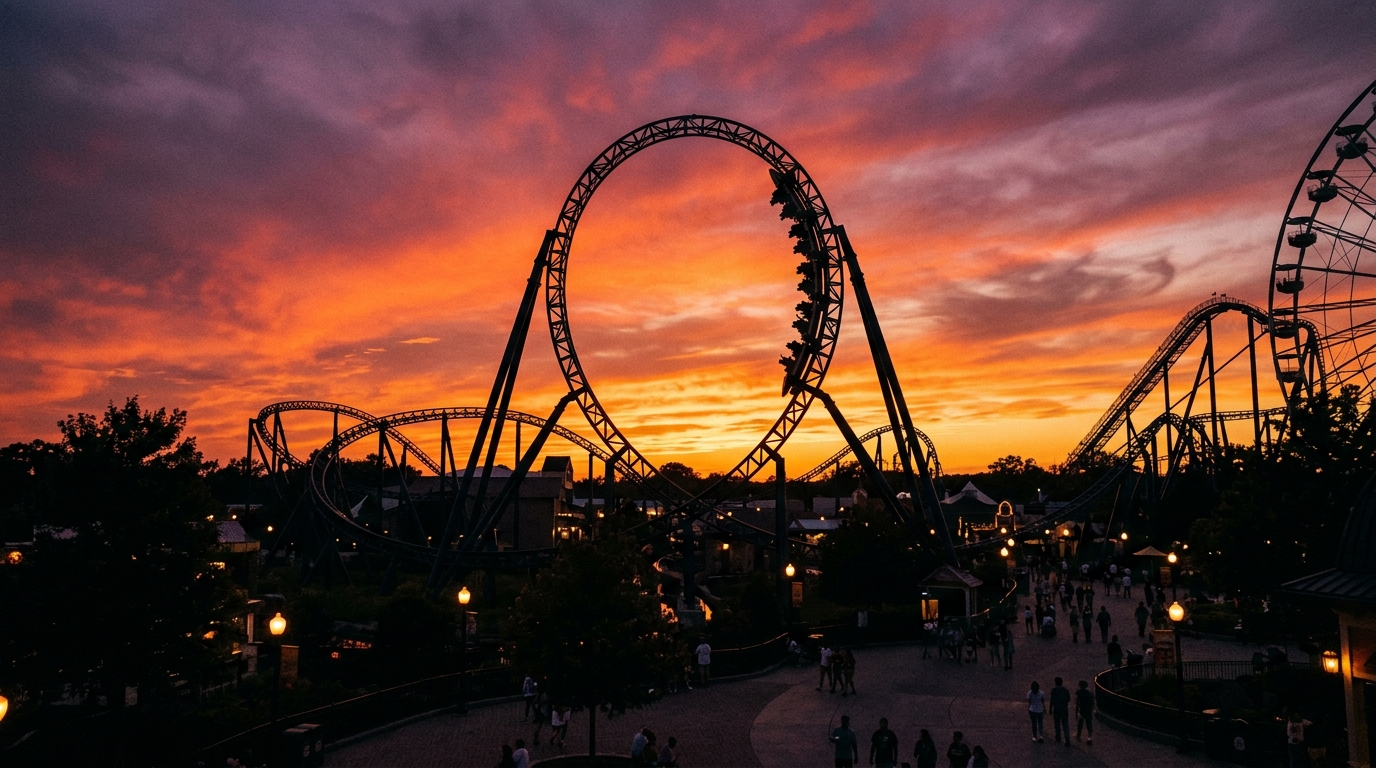 Achterbahn bei Sonnenuntergang