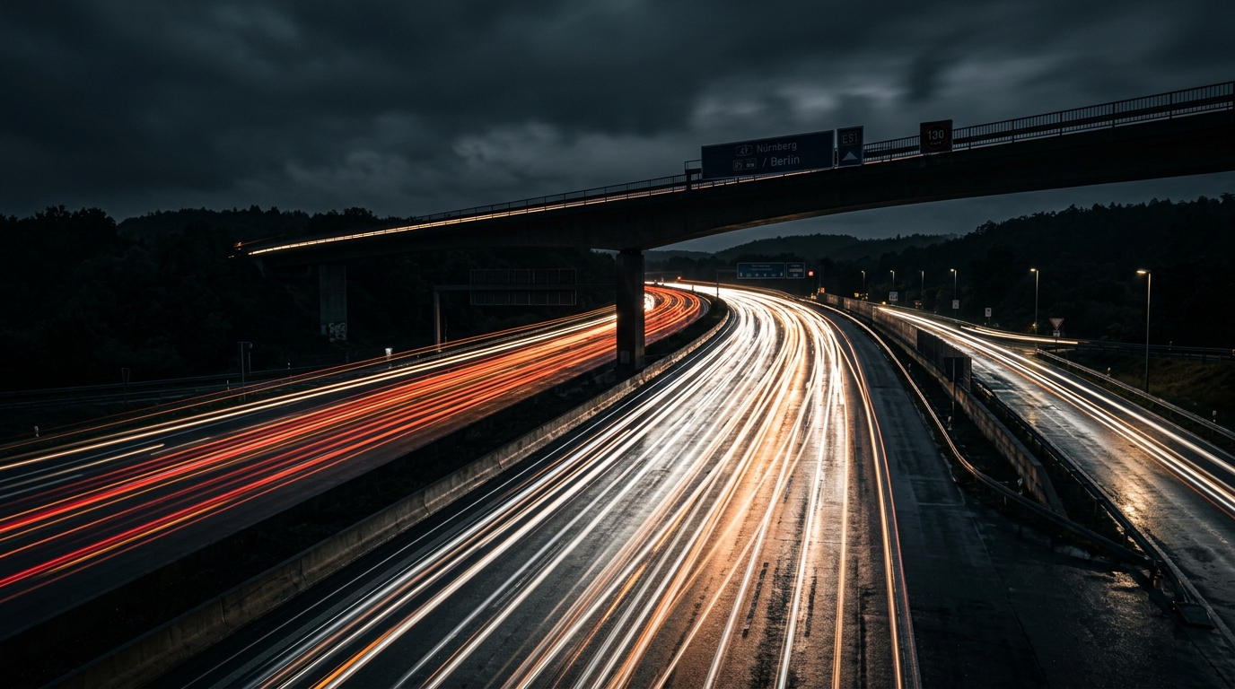 Autobahn bei Nacht mit Lichtspuren