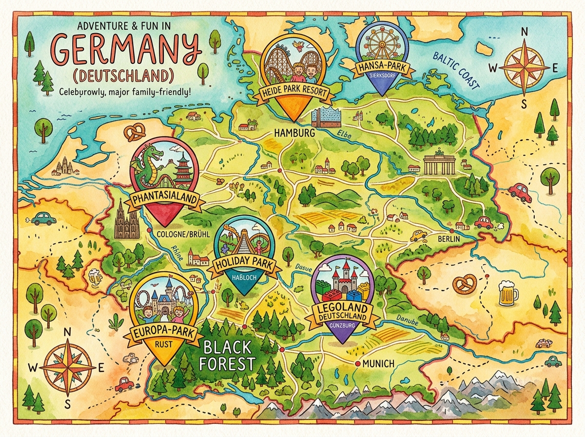 Landkarte Deutschlands mit Freizeitpark-Pins