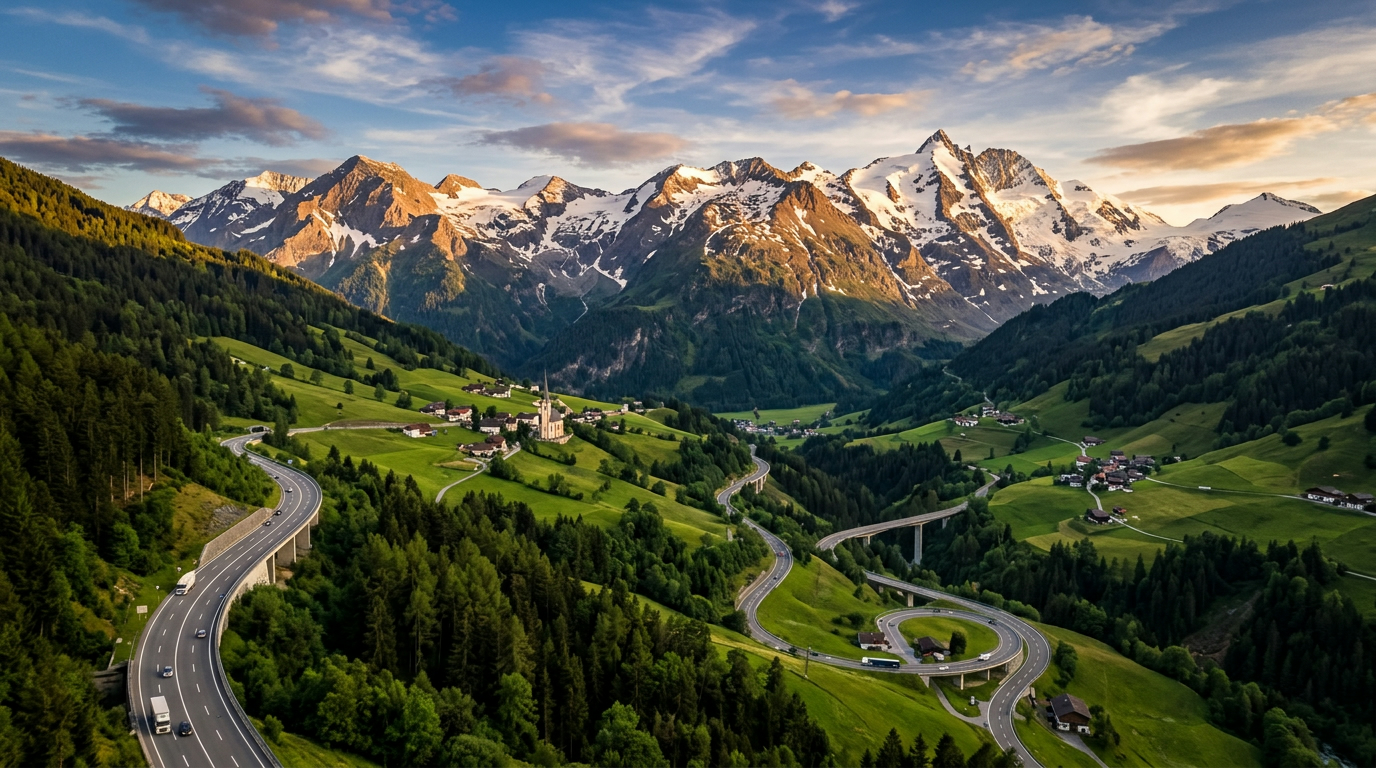 Alpenpanorama Österreich mit Autobahn