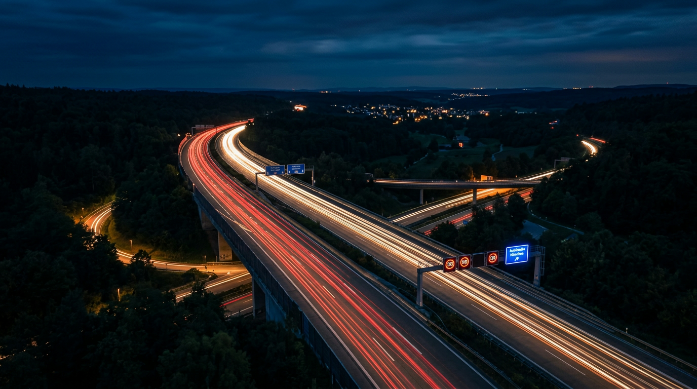 Autobahn bei Nacht mit Lichtspuren