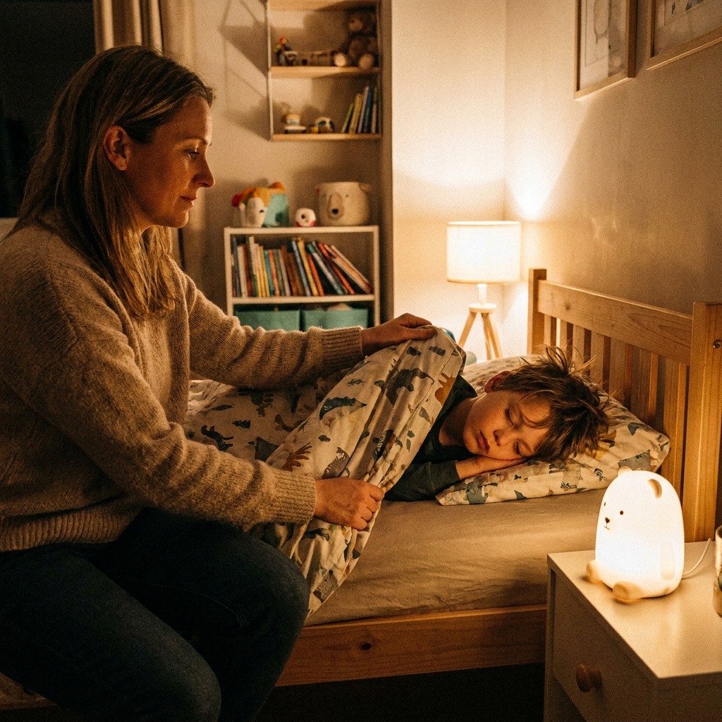 Madre arropando a su hijo por la noche