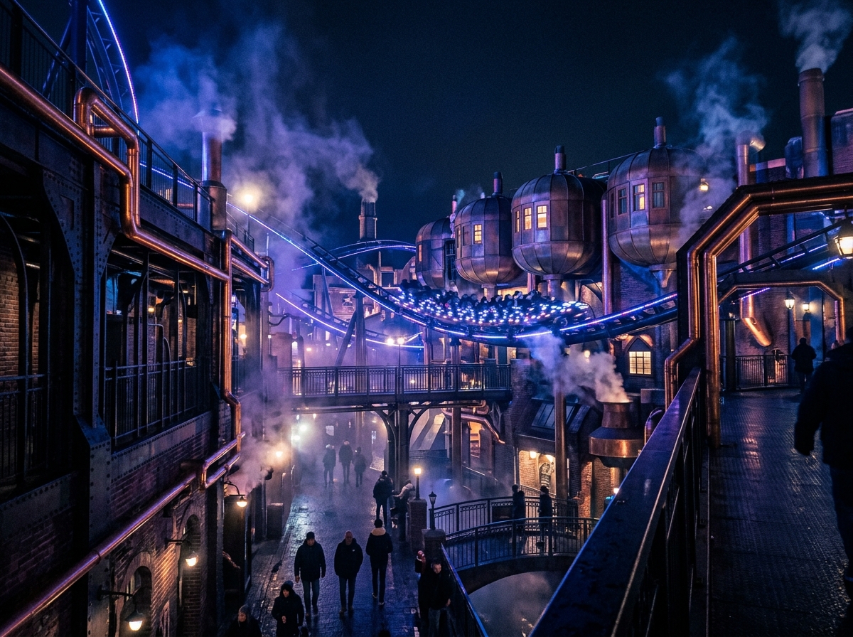 Phantasialand bei Nacht – Rookburgh-Areal