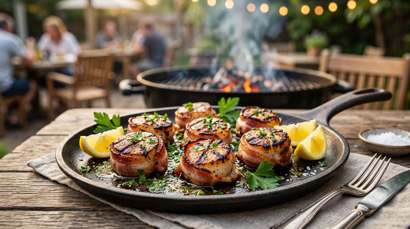 Grilled Scallops Recipe with Crispy Bacon on the BBQ plated