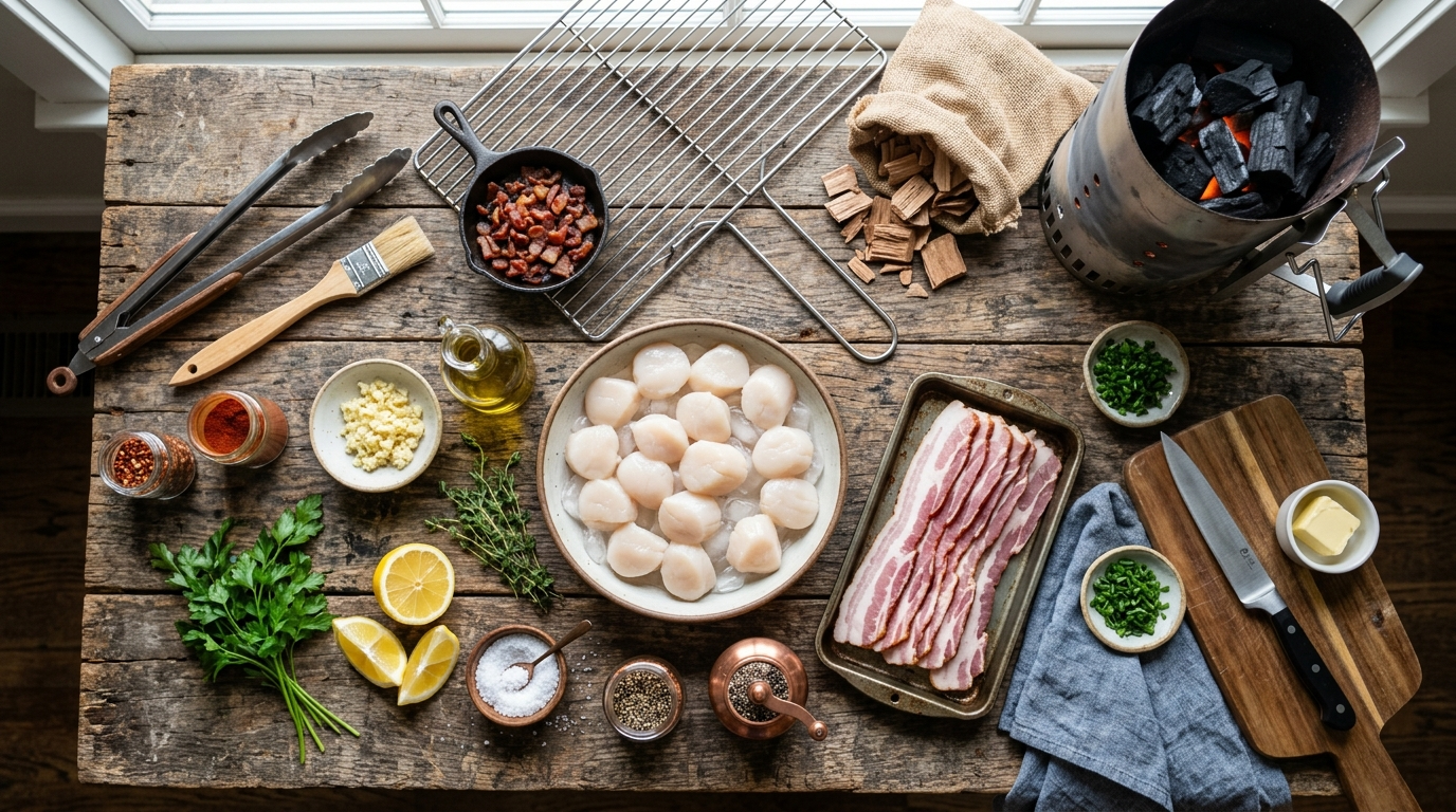 Grilled Scallops Recipe with Crispy Bacon on the BBQ ingredients