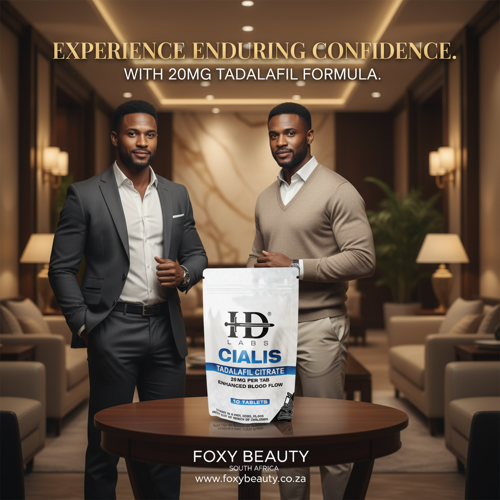 HD Labs Cialis 20mg Tadalafil — promotional visual for Foxy Beauty South Africa highlighting 20mg formula
