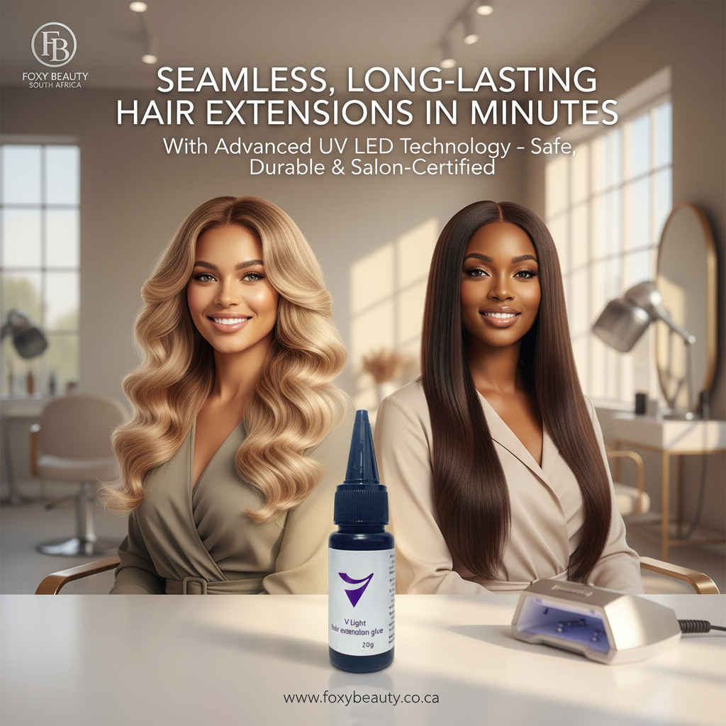V-Light Hair Extension Glue — South Africa salon visual; UV LED extension adhesive for seamless, long-lasting installs