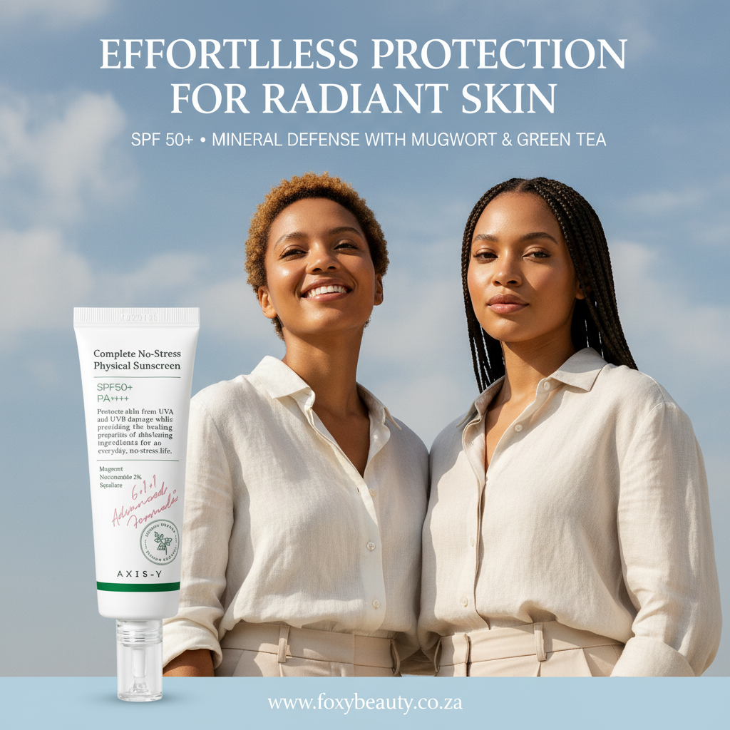 Axis-Y Complete No-Stress Physical Sunscreen 50ml — SA lifestyle visual with product tube