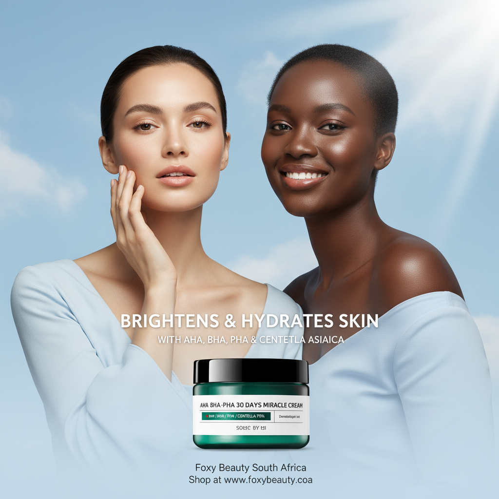 Some By Mi AHA BHA PHA 30 Days Miracle Cream — South Africa ad visual highlighting brightening, clearing and hydrating benefits