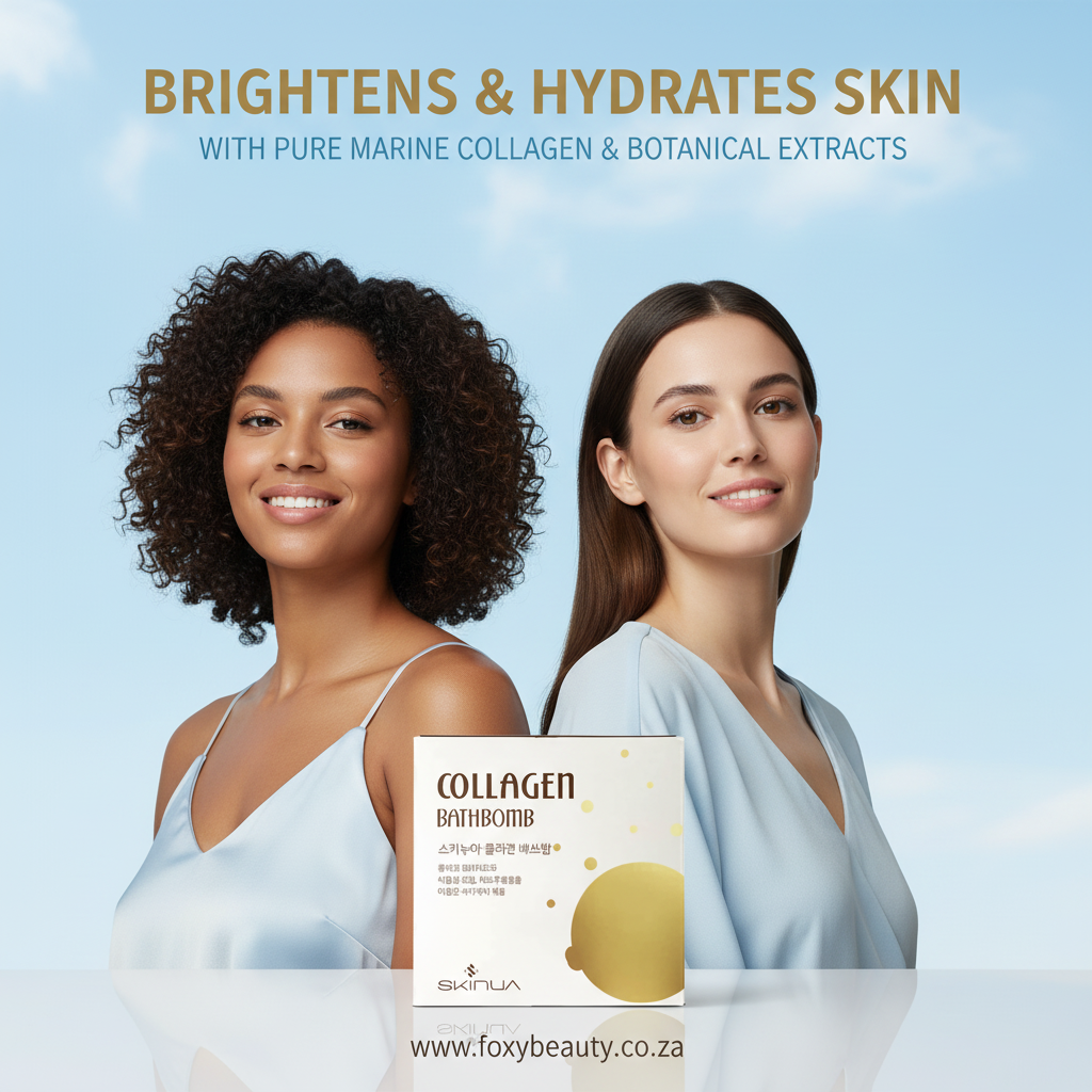 Skinua Collagen Bath Bomb — South Africa visual with brightens & hydrates headline
