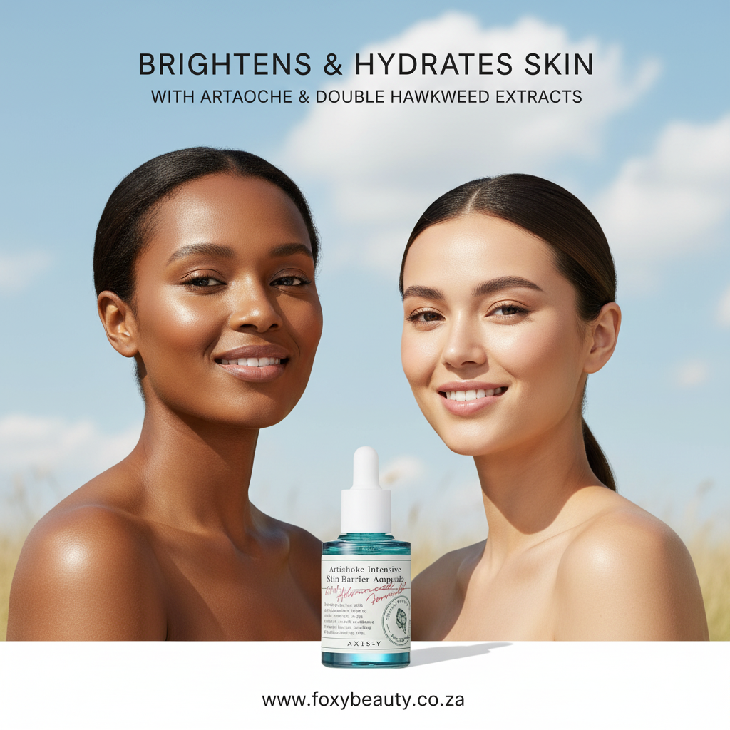 Axis‑y Artichoke Intensive Skin Barrier Ampoule — South Africa; bright, hydrating skincare visual with two SA models