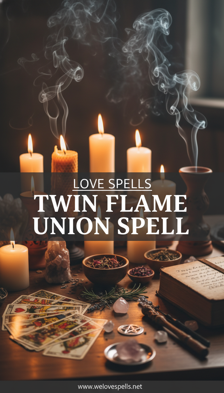 Twin Flame Union Spell altar with twin candles, rose quartz, and soft pink light by We Love Spells