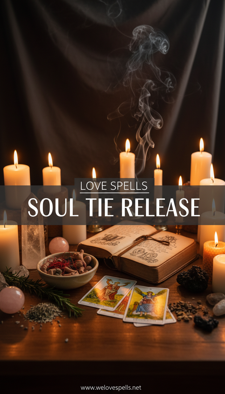 Soul Tie Release ritual altar with candles, herbs, and crystals for gentle soul-bond loosening by We Love Spells