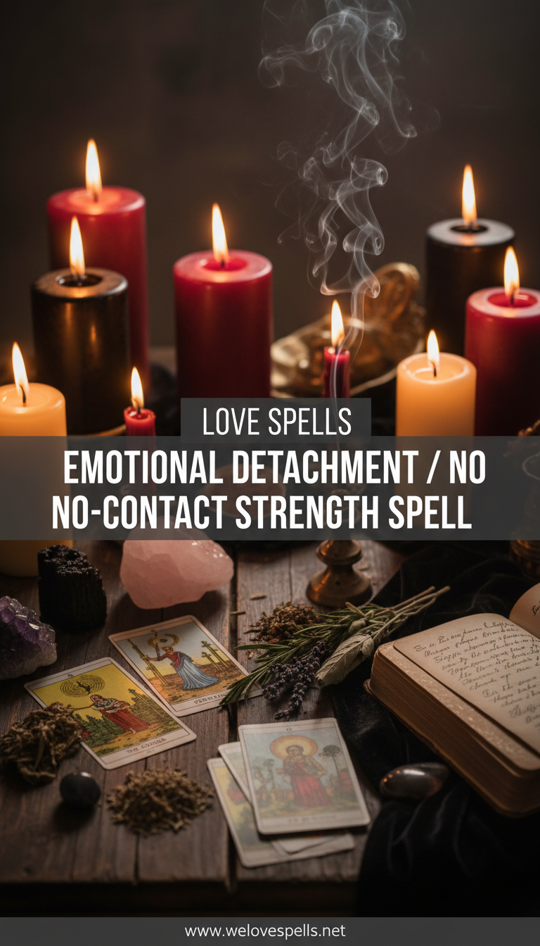 Candle-lit altar with calming blue tones, rose quartz, and protective stones symbolizing Emotional Detachment / No-Contact Strength Spell energy for resilience and calm boundaries.