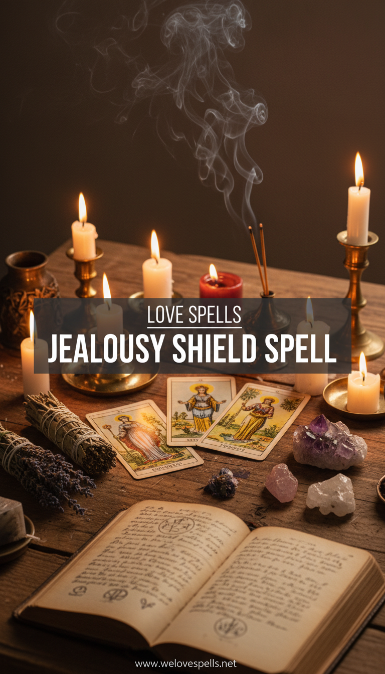 Jealousy Shield Spell altar with protective candles and crystals to safeguard love from envy and gossip