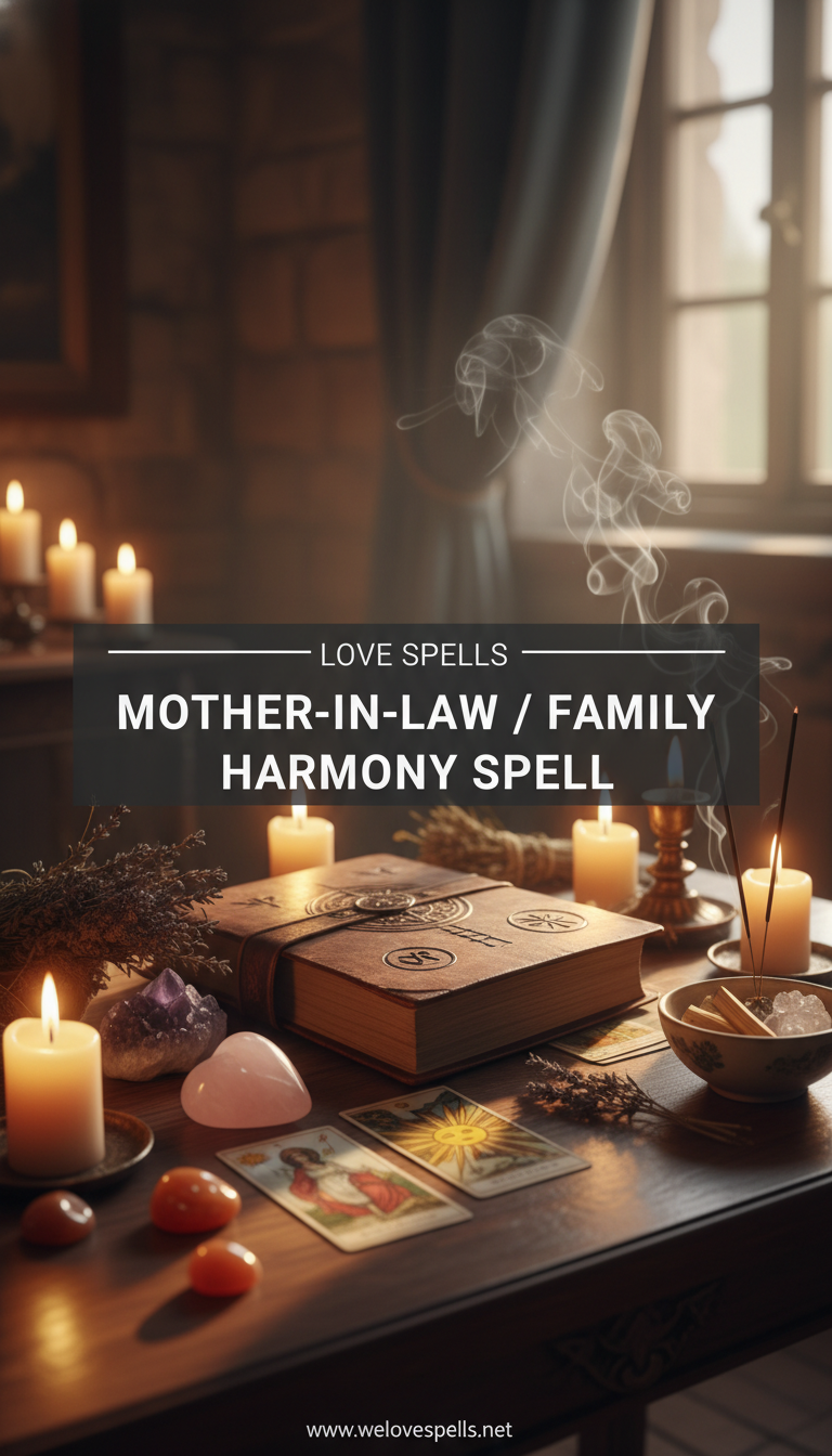 Altar for the Mother-in-Law / Family Harmony Spell with soft white candles, rose quartz, olive leaves, and a harmony sigil