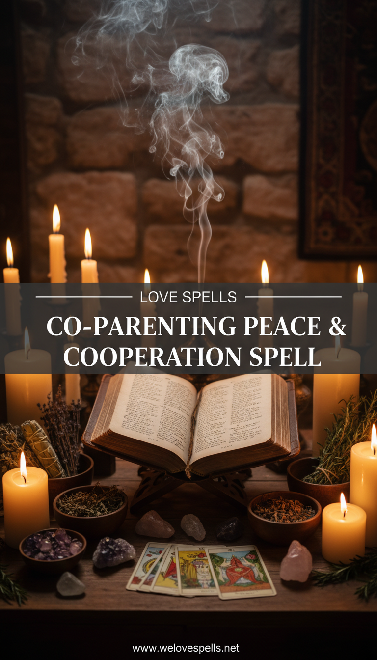 Soft blue candle altar for peaceful co-parenting with calming herbs and two balanced stones symbolizing cooperative parenting