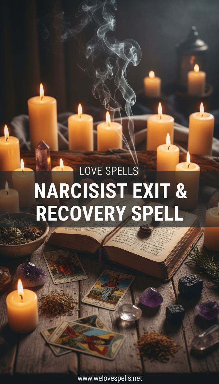 Narcissist Exit & Recovery Spell - candlelit altar with herbs and crystals symbolizing release, protection, and empowerment