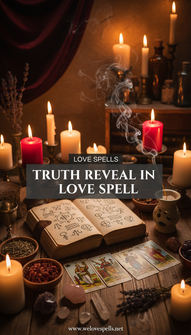 Truth Reveal in Love Spell altar with blue and white candles, lapis lazuli, clear quartz, and rose petals symbolizing gentle illumination of hidden intentions in relationships.
