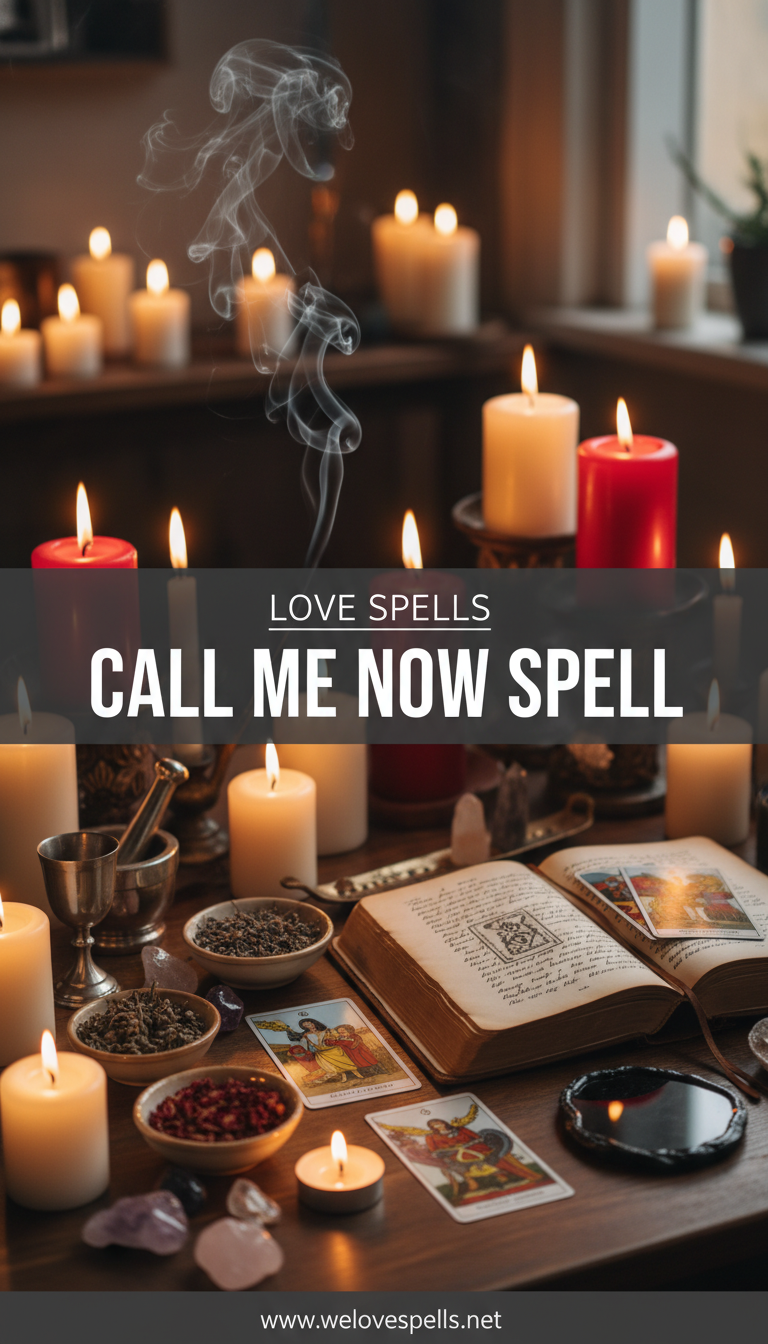 Altar with candles and crystals for the Call Me Now Spell, inviting a heartfelt voice call connection