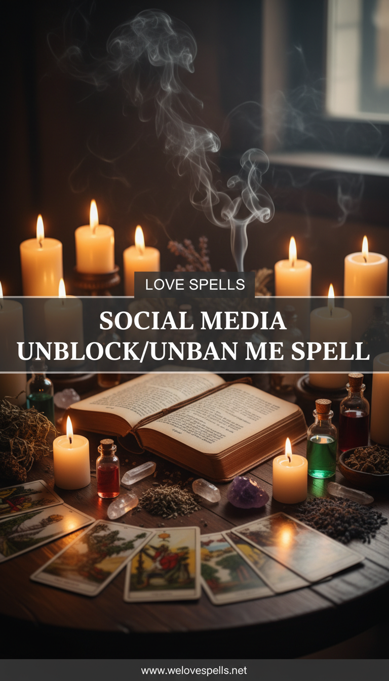Blue and white communication altar with candles, herbs, and crystals for the Social Media Unblock/Unban Me Spell