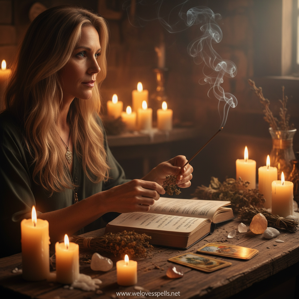 Social Media Unblock/Unban Me Spell layout with petition paper, blue candles, and communication crystals on a sacred altar
