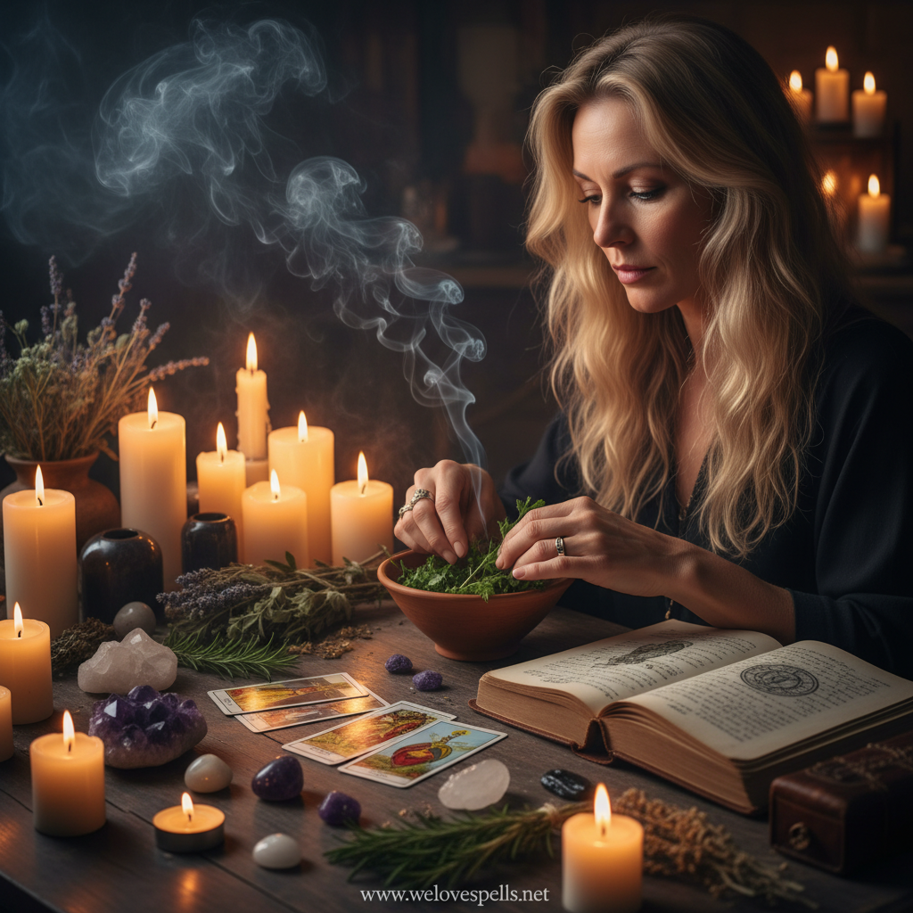 Rival Influence Removal Spell tools: protective herbs, candles, and crystals arranged for love boundary work.