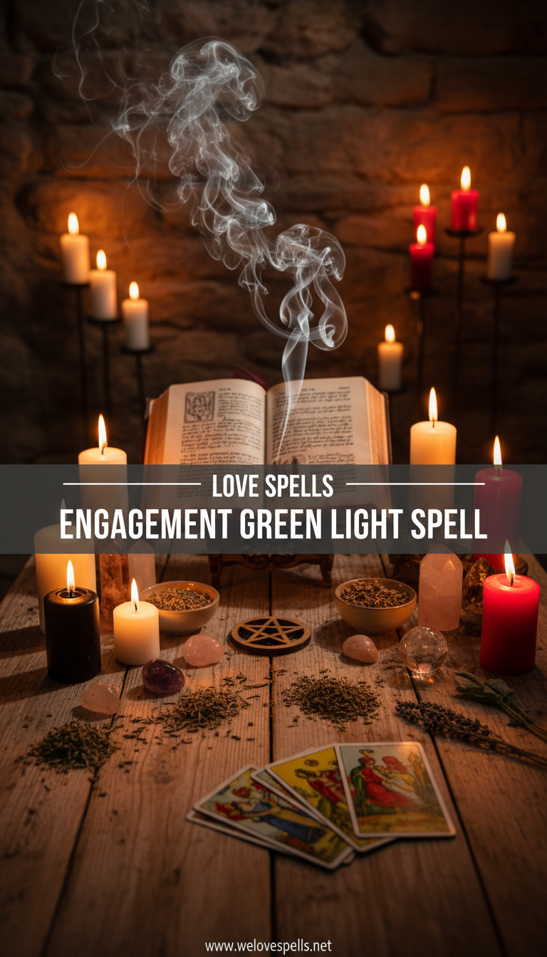 Engagement Green Light Spell altar with soft green glow, pink candles, and rose quartz for proposal readiness by We Love Spells