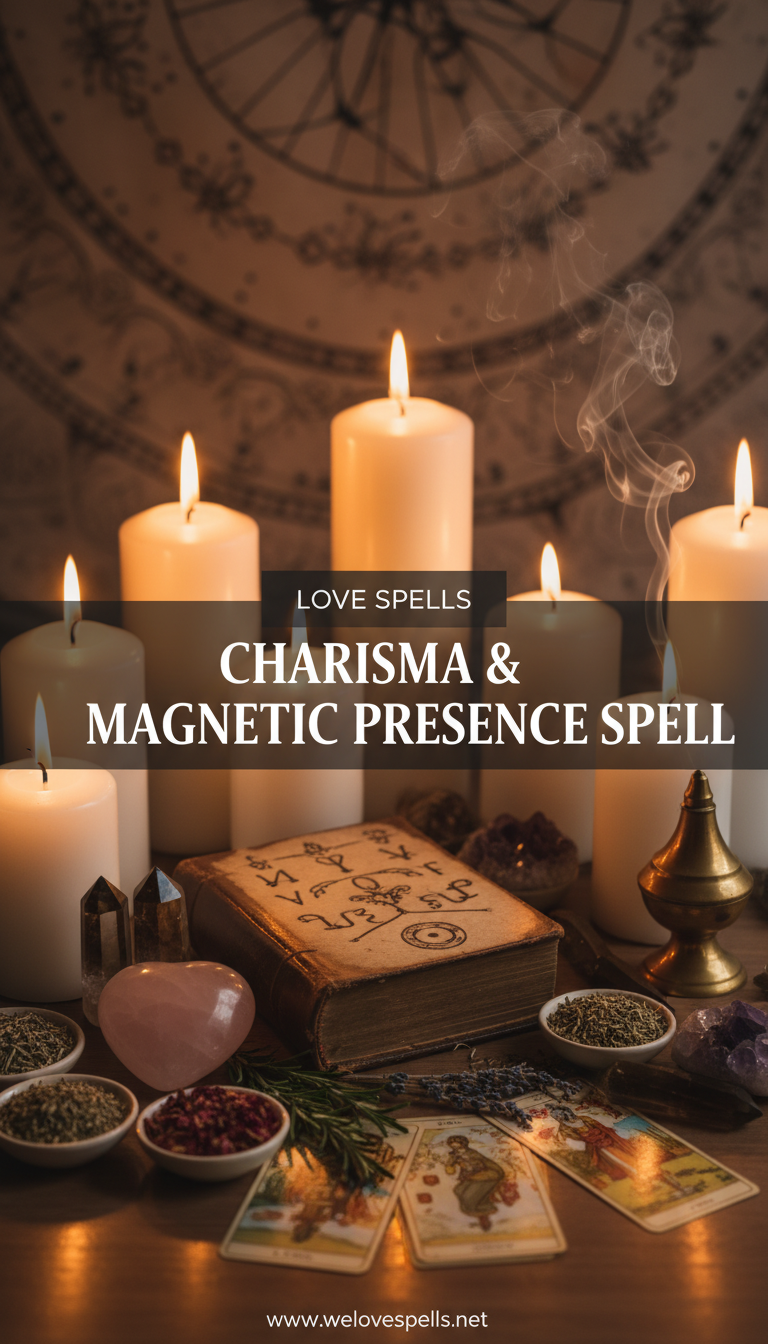 Charisma & Magnetic Presence Spell ritual altar with golden candles, sunny crystals, and herbs to amplify personal aura and charm by We Love Spells