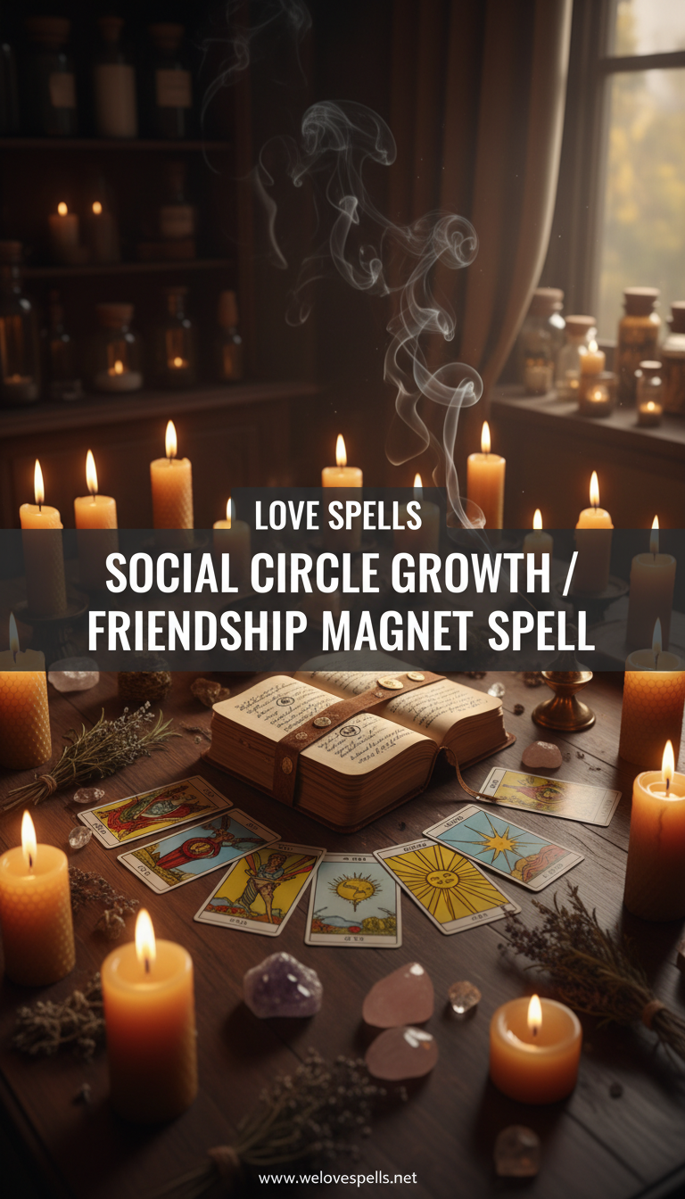 We Love Spells - Social Circle Growth / Friendship Magnet Spell ritual altar with candles, crystals, and welcoming energy for friendship and networking