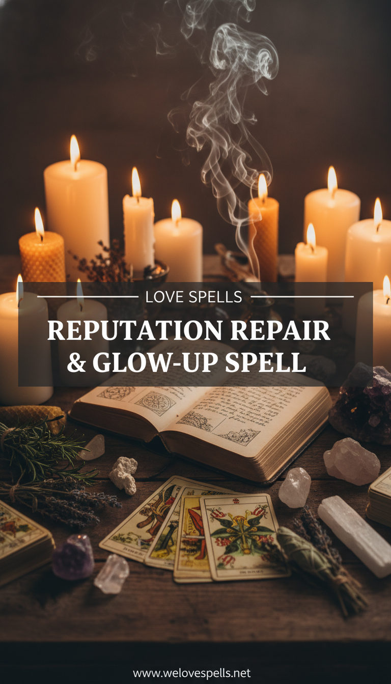 Ritual altar for the Reputation Repair & Glow-Up Spell with candles, herbs, and crystals designed to brighten aura, confidence, and public image.