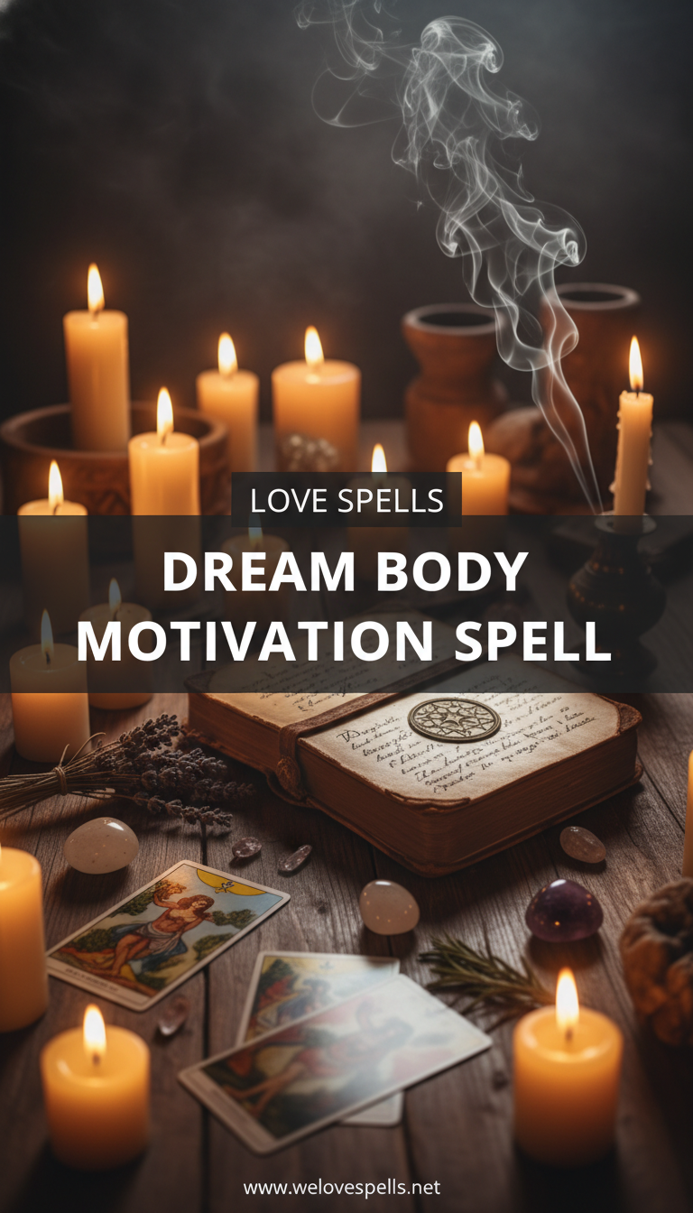 Dream Body Motivation Spell ritual with yellow candles, carnelian and tiger’s eye crystals, and fitness-motivation altar setup